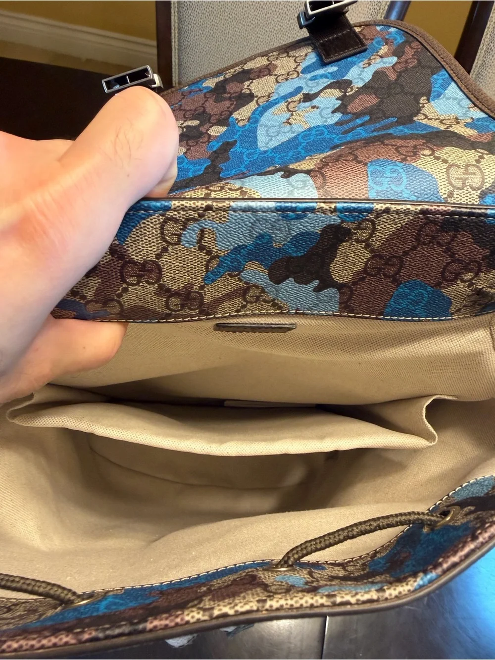 New Authentic Gucci GG Supreme Logo Blue Camo Backpack Tan Size Large